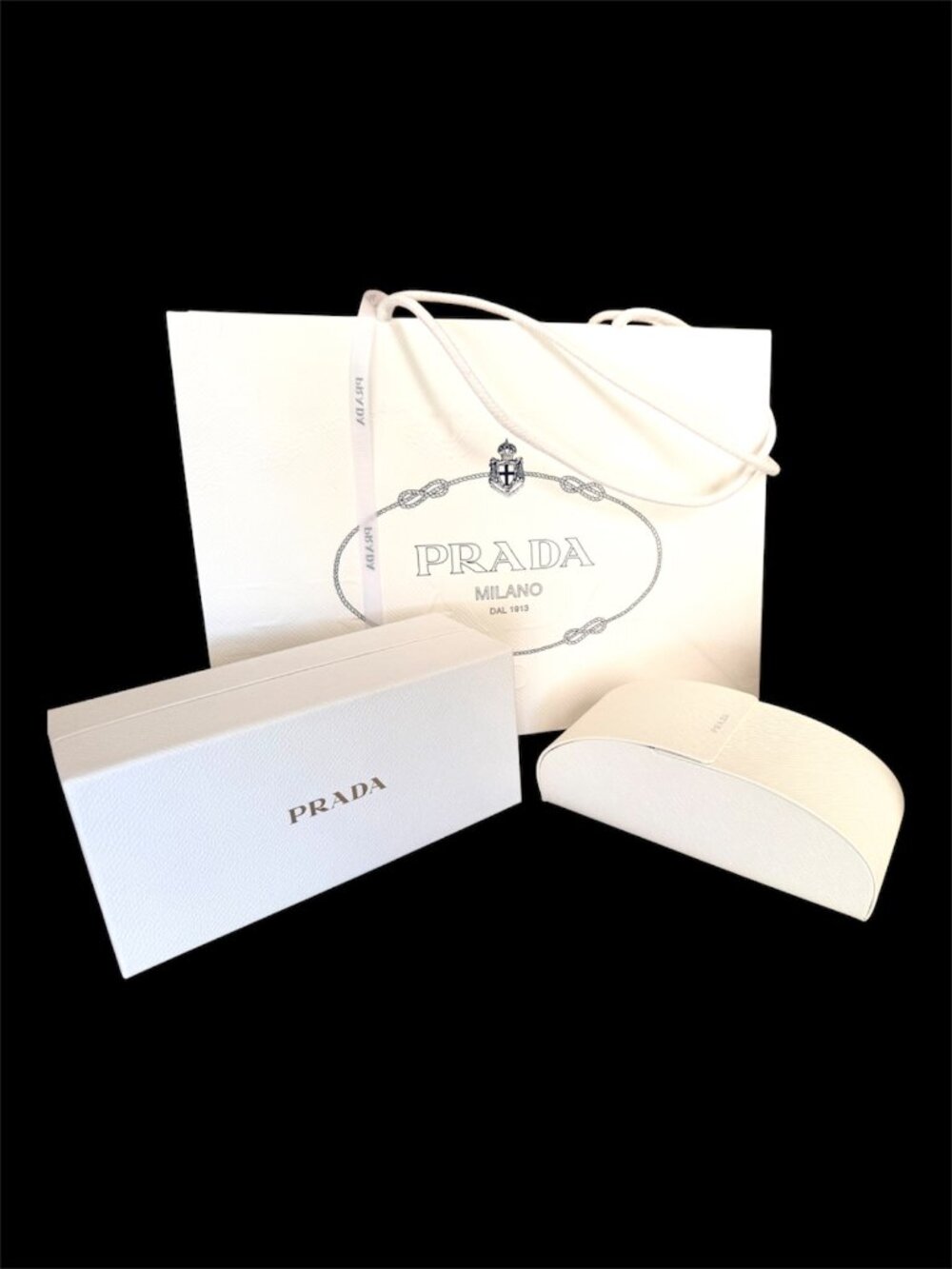 White Prada Sunglasses Case with Magnetic Closing, Box & Prada Shopping Bag